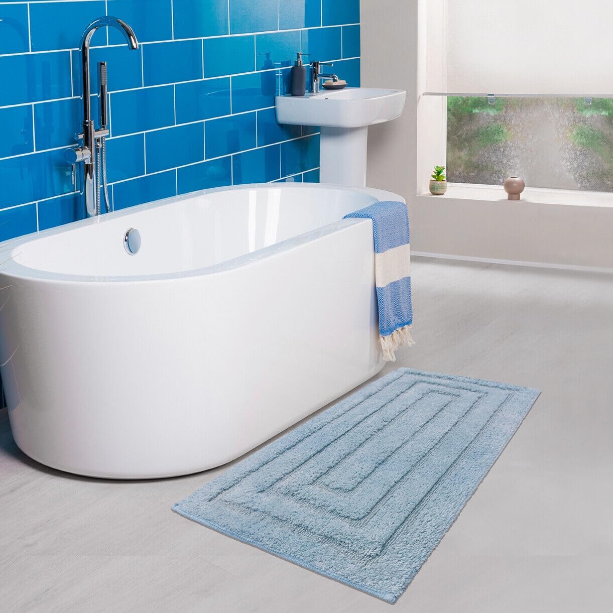 Tappeto Bagno 50x80 cm Puro Cotone Elegante Lussuoso Morbido Scendiletto Antiscivolo Azzurro