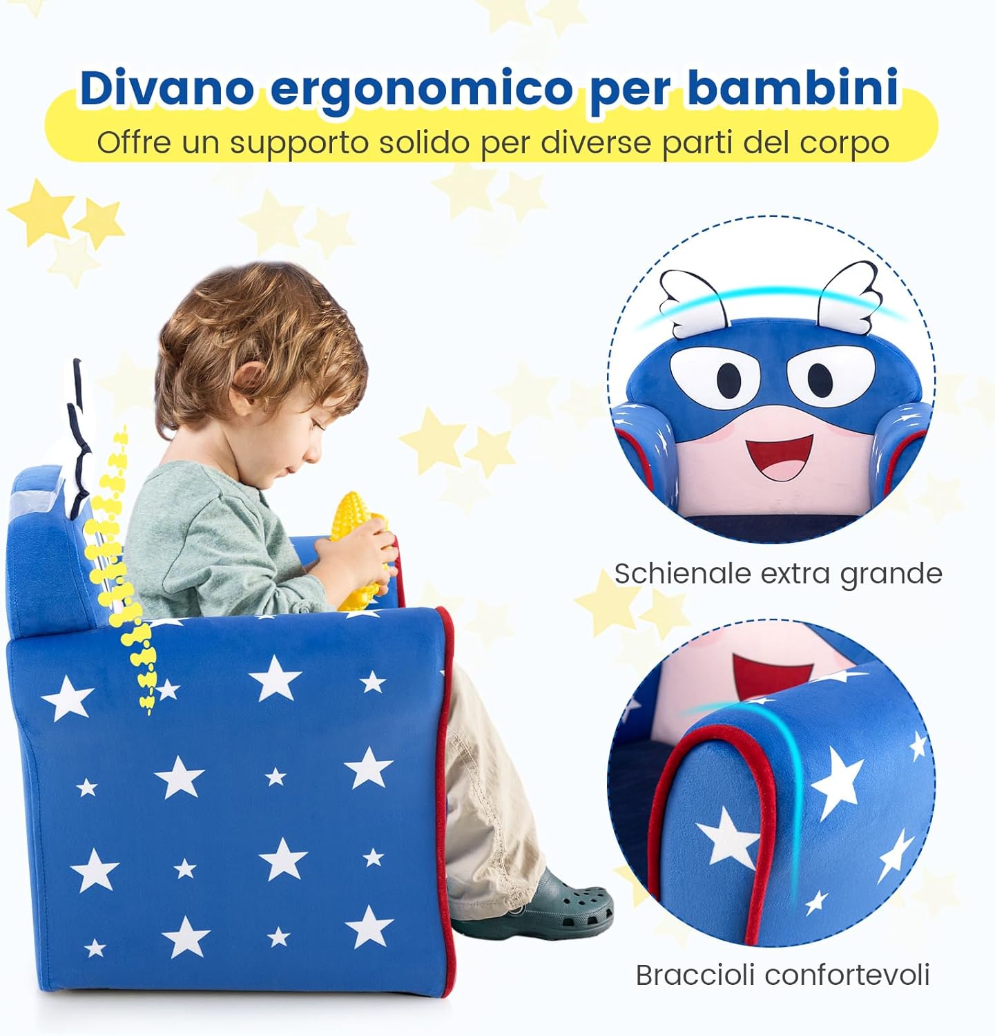 Divano per Bambini, Poltrona Imbottita per Bambini con Telaio in Legno Massiccio, Superficie in Velluto Morbido e Riempimento in Schiuma ad Alta Densità, per Camera da Letto (blu)