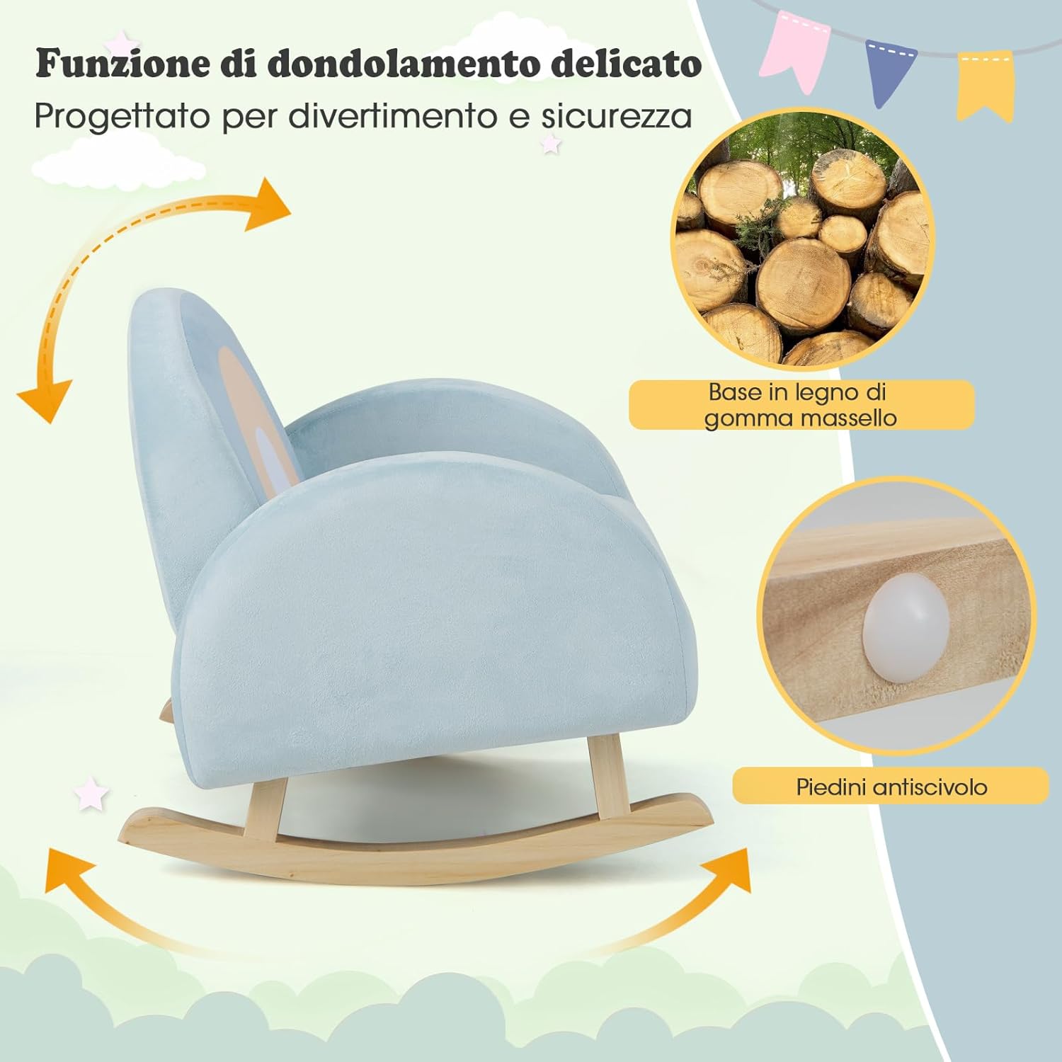 Sedia a Dondolo per Bambini in Legno, Poltrona Imbottita per Bambini con Rivestimento in Velluto Morbido, Design Antiribaltamento, per Camera da Letto, Soggiorno