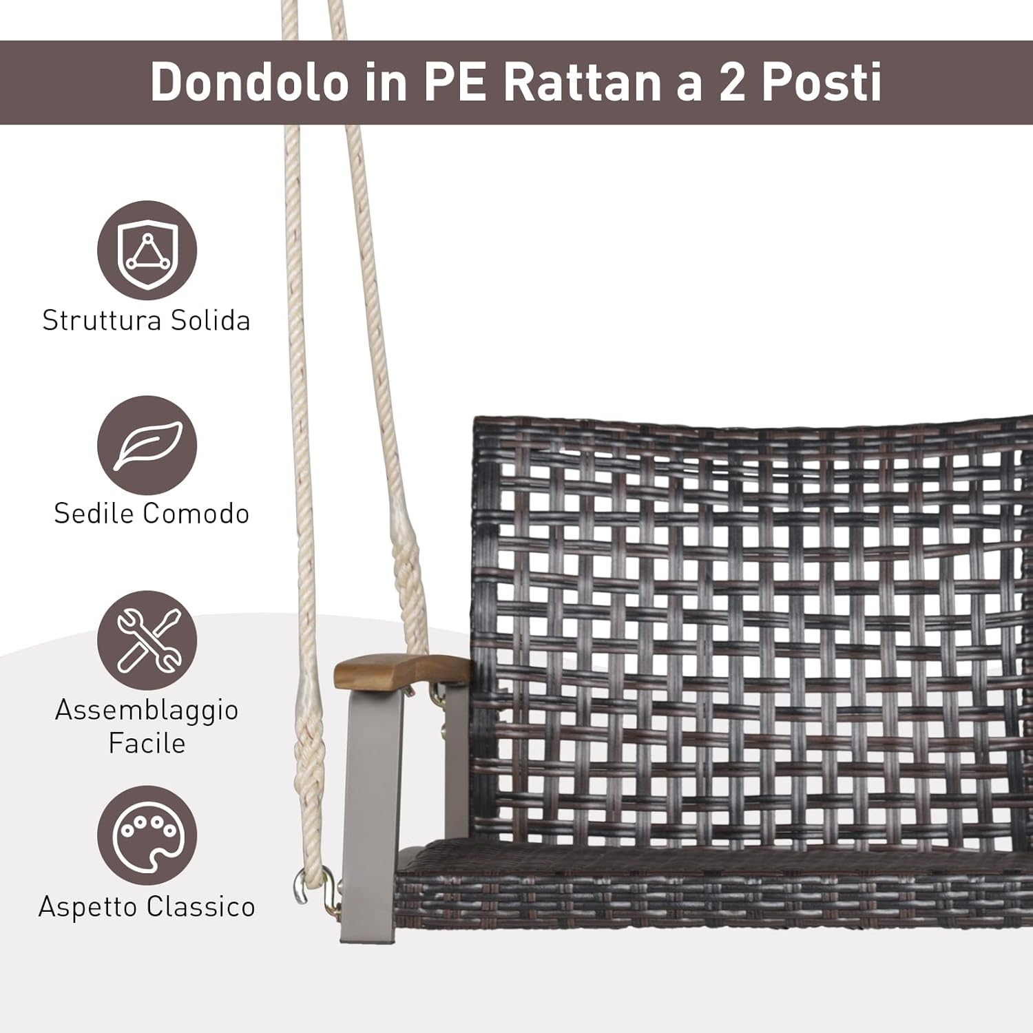 Dondolo Sospeso da Esterno con 2 Posti, Panca Altalena in Rattan PE con 2 Corde, Schienale Curvato e Braccioli in Legno di Acacia, Carico Massimo 360 kg, 131 x 68 x 54 cm (Senza Cuscino)