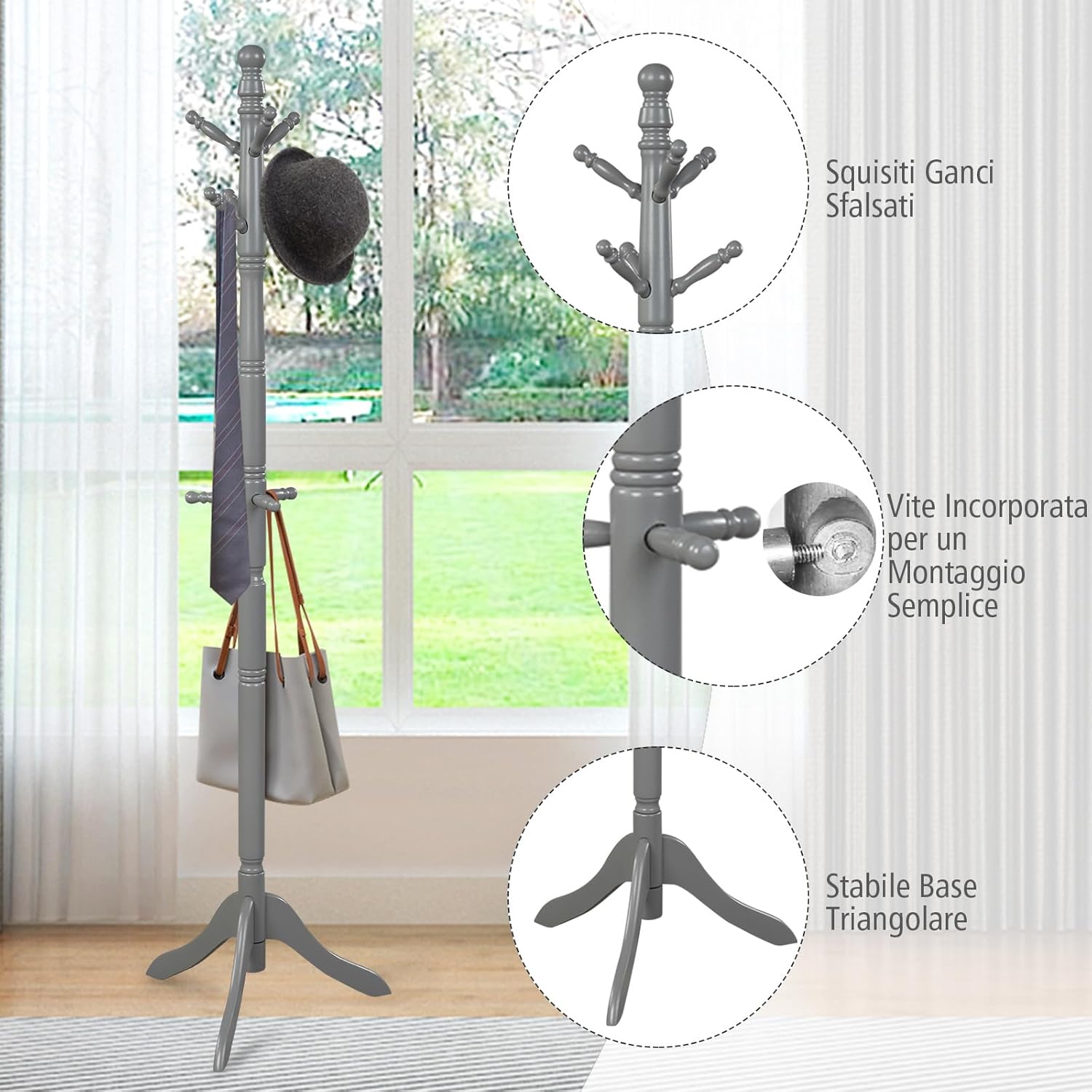 Attaccapanni ad Albero, Appendiabiti in Legno di Gomma con 9 Ganci, Albero Porta Abiti per Camera da Letto Soggiorno Ingresso e Ufficio, 50x50x138-175 cm (Grigio)