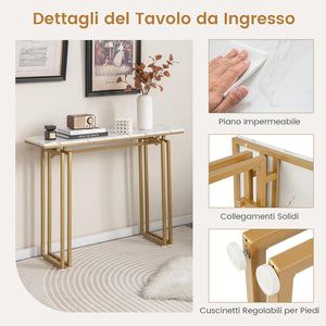 Tavolo Consolle 110cm, Tavolo da Ingresso con Piano in Finto Marmo, Struttura in Metallo e Poggiapiedi Regolabili, Tavolino da Divano Moderno per Salotto, Corridoio e Ingresso (Oro)