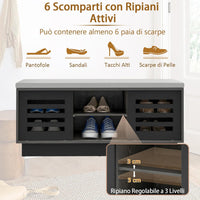 Panca Scarpiera con 6 Scomparti e 3 Ripiani Regolabili, Panca Porta Scarpe con Cuscino, Scarpiera con 2 Ante Scorrevoli, Mobile Scarpe per Ingresso, Soggiorno, 99,5 x 34,5 x 46 cm (Grigio)