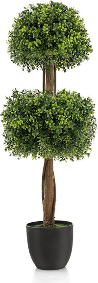 Albero Bosso Artificiale da 100 CM, Albero Finto con Doppia Sfera e Vaso di Plastica Riempito di Cemento, Piante Finte Resistenti ai Raggi UV, Decorazione per Ingresso, Giardino e Casa