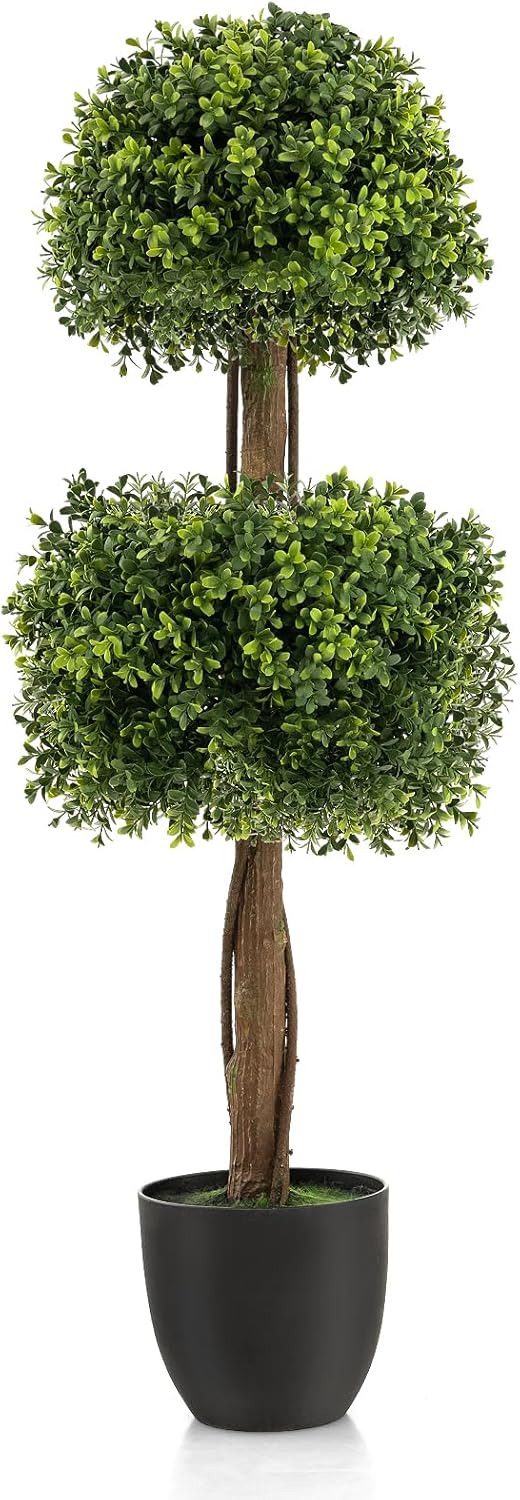 Albero Bosso Artificiale da 100 CM, Albero Finto con Doppia Sfera e Vaso di Plastica Riempito di Cemento, Piante Finte Resistenti ai Raggi UV, Decorazione per Ingresso, Giardino e Casa