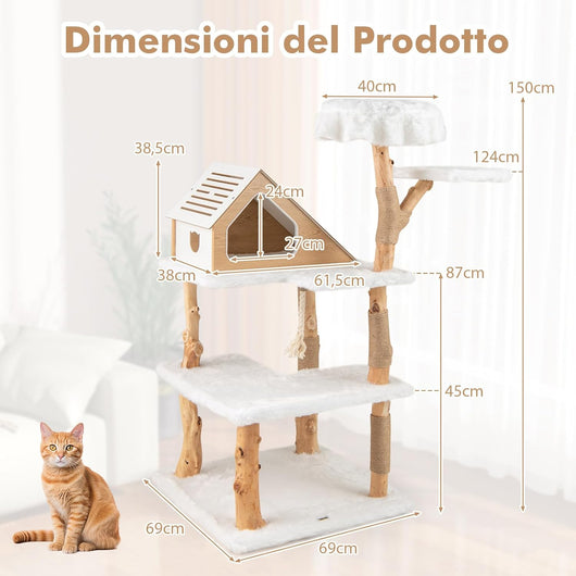 Albero per Gatti in Legno 150cm, Tiragraffi per Animali Domestici con 2 Trespoli, Corda in Sisal e Morbido Peluche, Mobile per Gatti, Bianco e Naturale