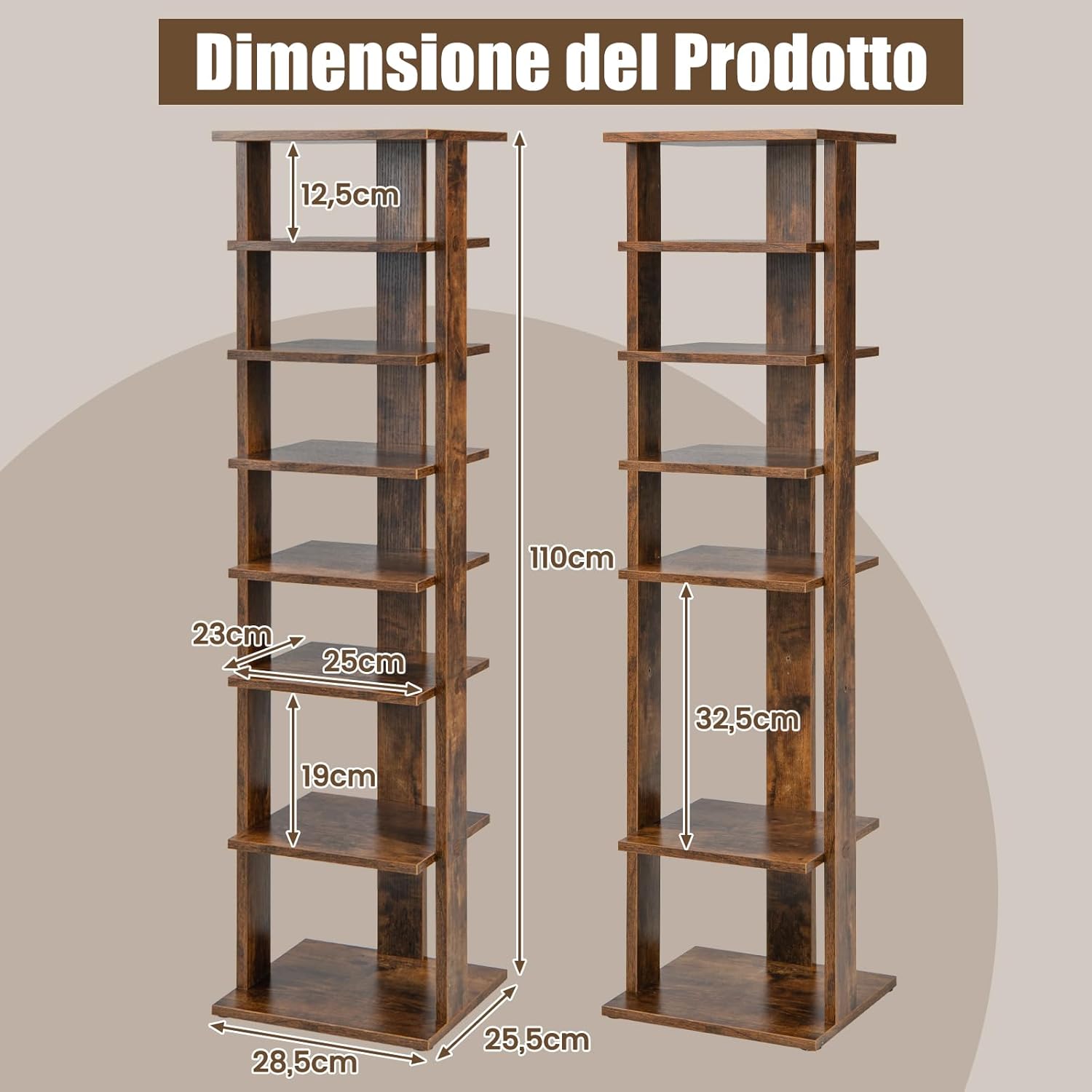 Scarpiera a 7 Ripiani, Scaffale Portascarpe in Legno con 2 Ripiani di Diverse Altezze, Scaffale Portaoggetti Multifunzione per Ingresso Soggiorno Camera da Letto, 28,5x25,5x110 cm (Marrone)