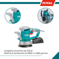 LEVIGATRICE ROTORBITALE ELETTRICA 450W LEVIGATORE ROTORBITALE Ø150mm IMPUGNATURA SOFT TOTAL TOTTF2041506