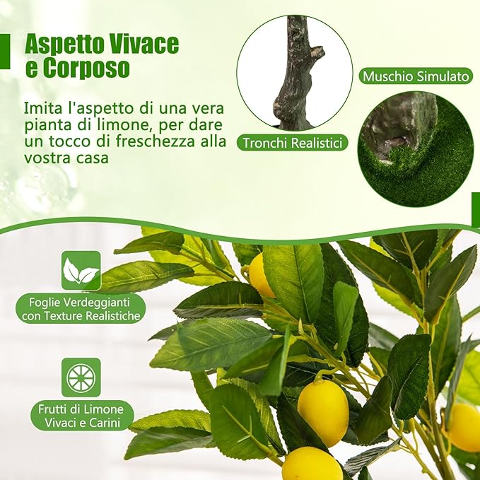 Albero di Limone Artificiale, Pianta di Limone Finto Alto 80/120/160 CM con Frutti di Limone, Vaso di Cemento, Pianta in Vaso con Fogliame, Manutenzione Gratuita (120 cm)