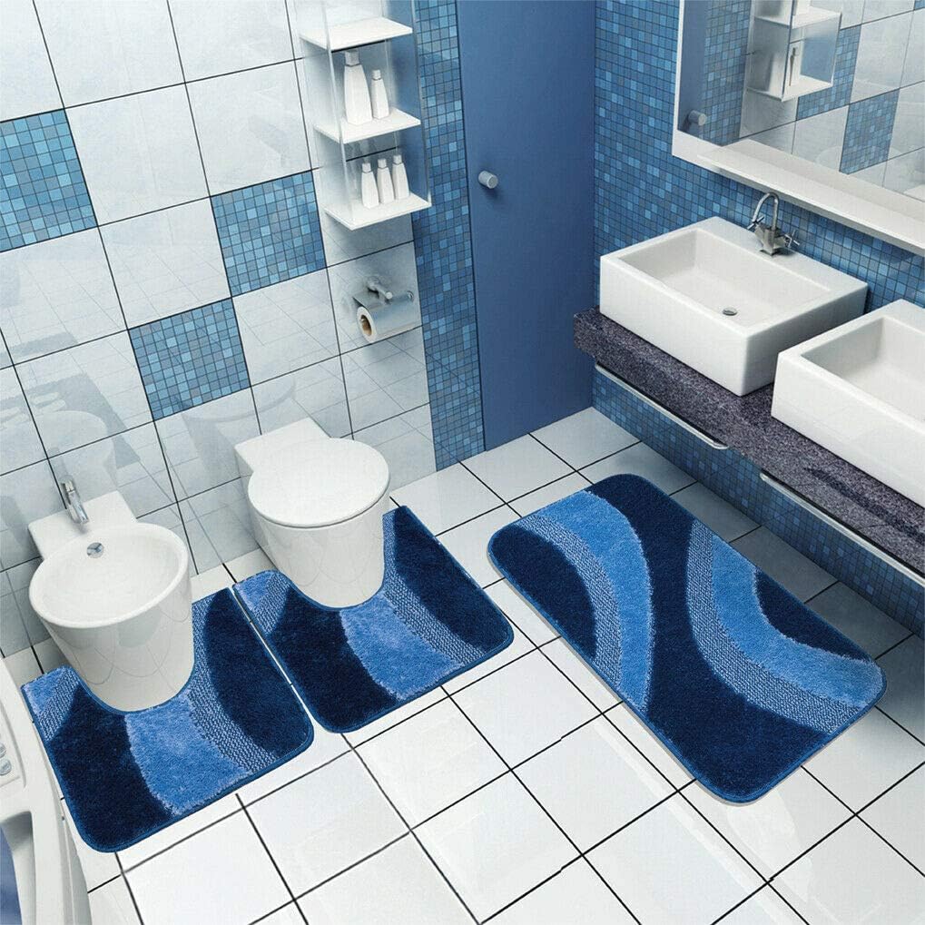 Tappeto Bagno Parure Set 3 Pezzi Made in Italy Antiscivolo Shaggy 3D Moderno Assorbente Blu