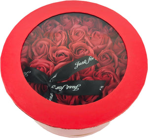 Box tondo Rose rosse artificiali bouquet di 29 rose perenni, confezione mazzo di rose per San Valentino, cm 23x23x14 scatola in cartone rosso