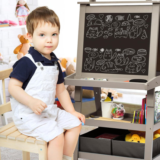 3 in 1 Cavalletto per Bambini con Doppia Faccia, Cavalletto per Disegno con 2 Vassoi e 2 Scatole, Lavagna Bambini in Legno (Grigio)