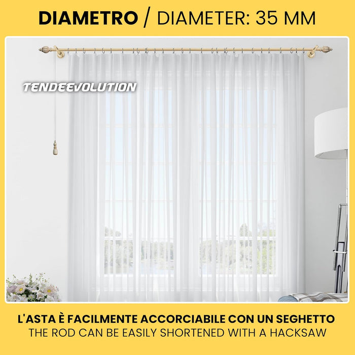 Bastone Tenda in Legno di Alta Qualità, diametro 35 mm a corda colore bronzo antico terminale smeraldo lunghezza 200 CM