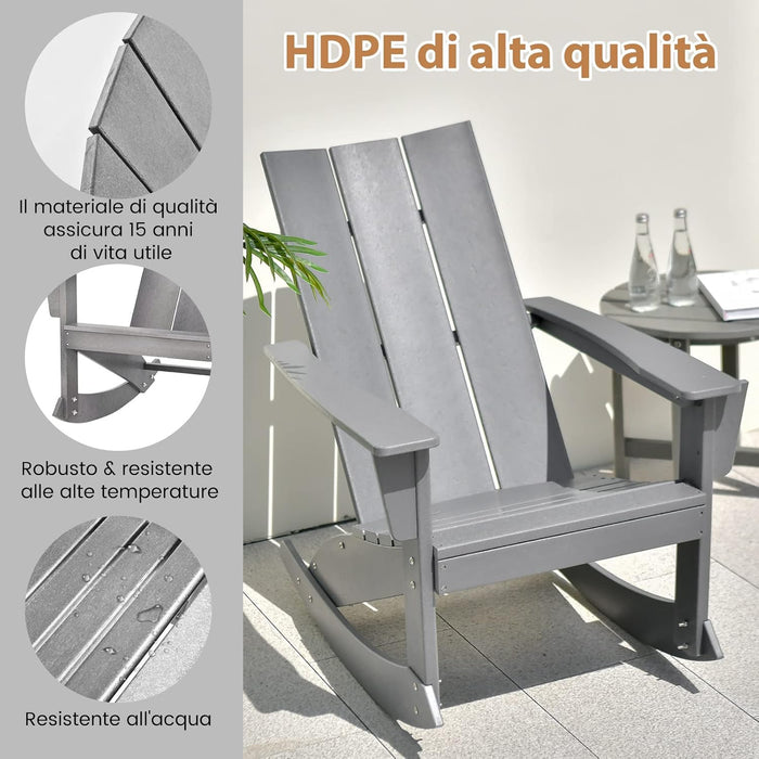 Sedia a Dondolo Adirondack, HDPE Dondolo Impermeabile da Esterno con Schienale Curvo, Portata 150 kg, Sedia Dondolo da Giardino Balcone, Grigio