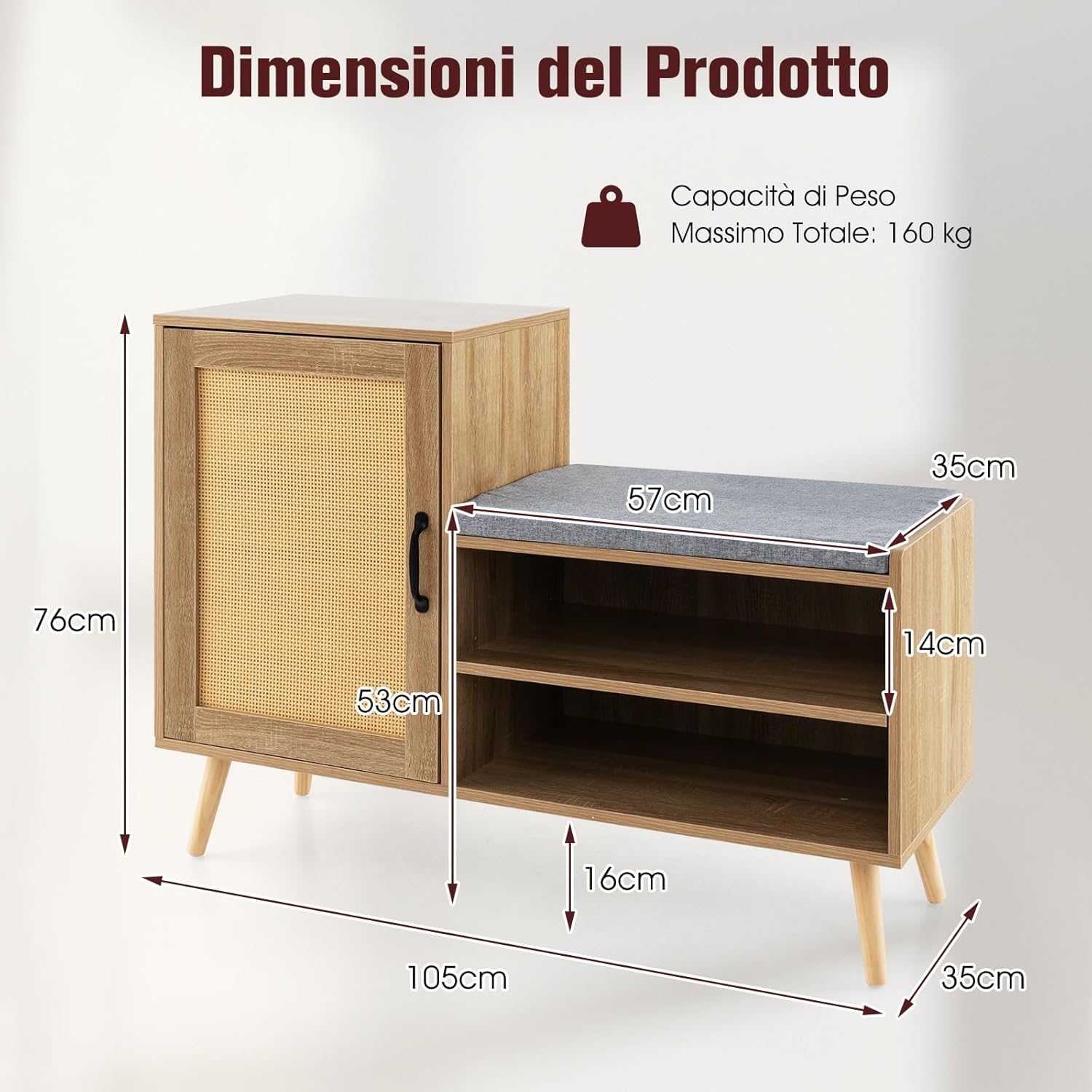 2 in 1 Scarpiera con Panchina, Panca con Scarpiera in Rattan, con 3 Ripiani Regolabili Gambe in Legno di Pino e Cuscino, Carico 160kg, 105x35x76 cm