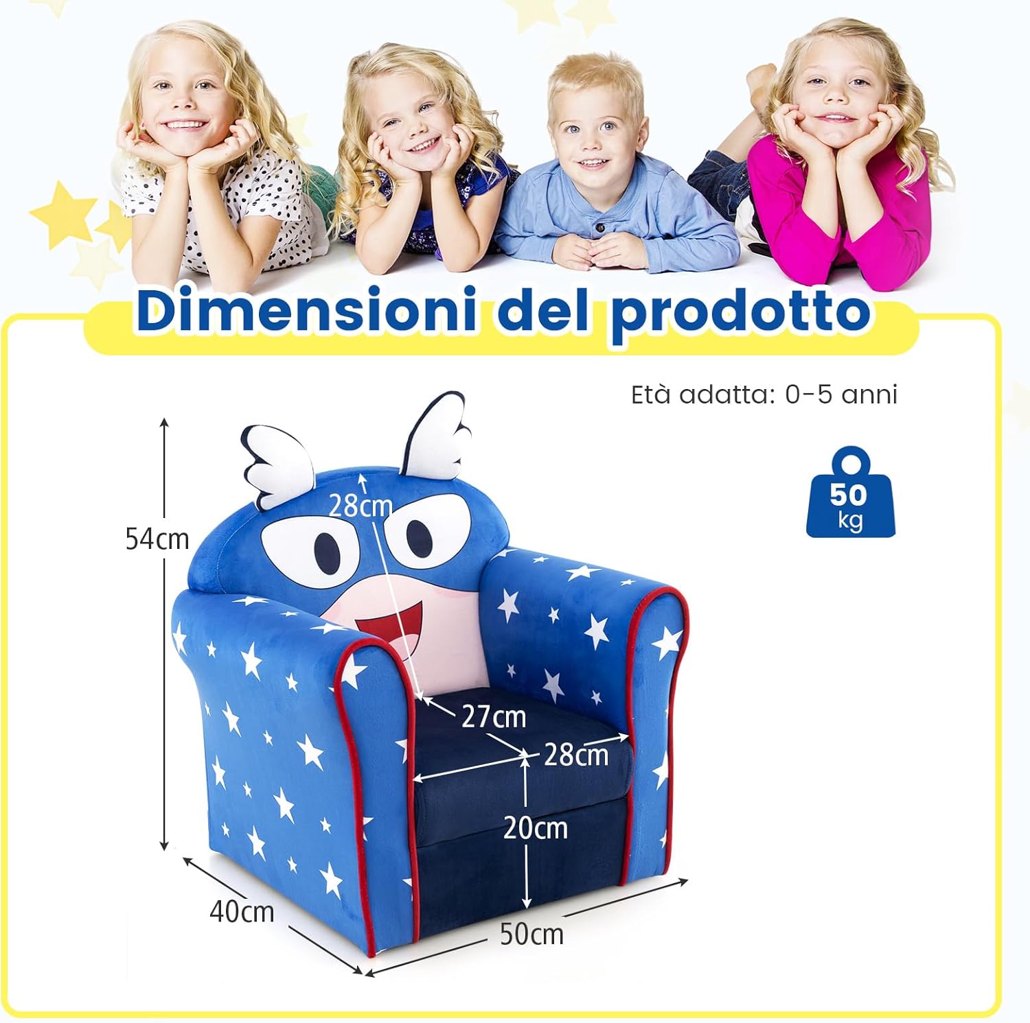 Divano per Bambini, Poltrona Imbottita per Bambini con Telaio in Legno Massiccio, Superficie in Velluto Morbido e Riempimento in Schiuma ad Alta Densità, per Camera da Letto (blu)