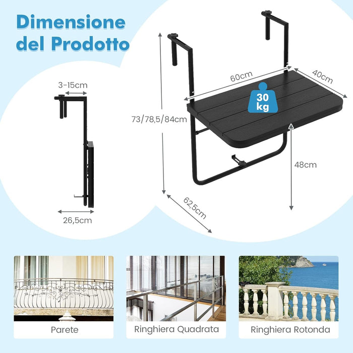 Tavolino Pieghevole da Balcone, Regolabile in Altezza, Tavolo da Appendere Adatto a Ringhiera da 3-15 cm, 62,5x60x84 cm, per Giardino Esterno Terrazzo (Nero)