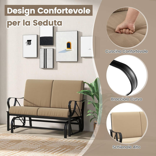 Panca a Dondolo da Giardino a 2 Posti, Panchina a Dondolo in Metallo con Cuscini, 124,5 x 89 x 73 cm, Carico Massimo 300kg, Sedia a Dondolo da Esterno Giardino Terrazza (Khaki)