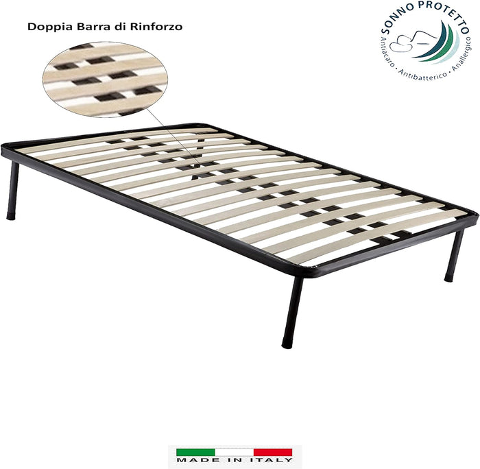 Rete in Ferro con 4 Piedi e 13 Doghe in Legno cm Letto 160x190 H35 per materasso Matrimoniale