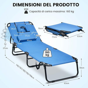 Lettino Prendisole Pieghevole con Foro per il Viso, 3 Cuscini Rimovibili e Schienale Regolabile in 5 Posizioni, Sdraio a Sdraio per Patio Prato Campeggio (blu)