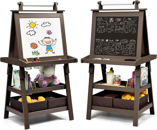 3 in 1 Cavalletto per Bambini con Doppia Faccia, Cavalletto per Disegno con 2 Vassoi e 2 Scatole, Lavagna Bambini in Legno (caffè)