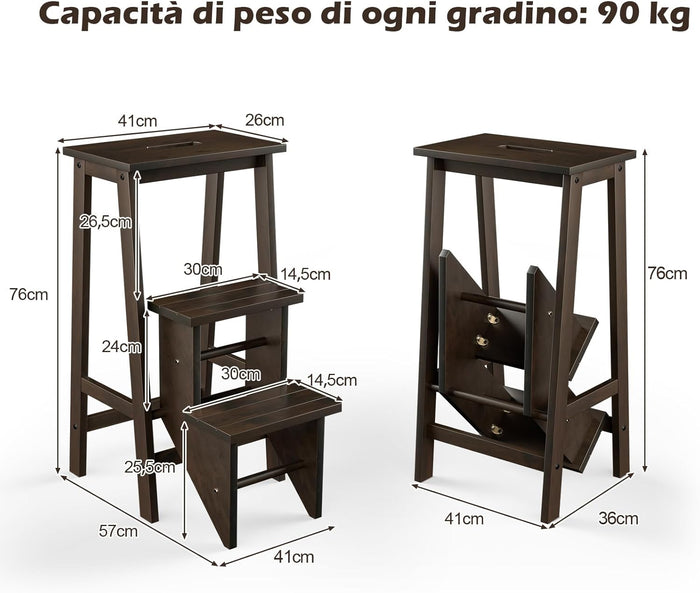 Scaletta Pieghevole, 3 in 1 Scaletta e Sgabello in Legno Multifunzione, 3 Gradini, Reversibili Impugnatura, Scaletta Portatile e Leggera, Ideale per Studio Soggiorno (Marrone)