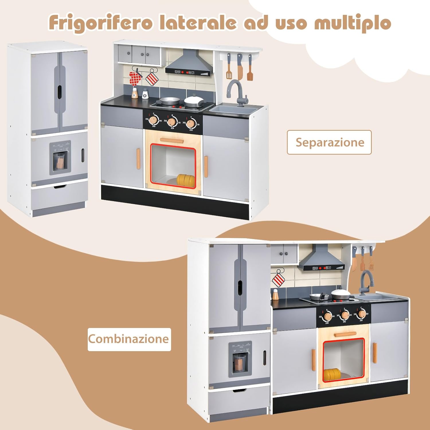 Cucina Giocattolo in Legno con Frigorifero, Set da Cucina per Bambini con Cappa Aspirante e Fornelli Realistici, Forno e Macchina del Giacchio, 3 Ganci e 3 Scomparti, per Bambini 3+ Anni