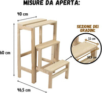 Scaletta 3 Gradini Legno Sgabello pieghevole legno Di Faggio Salvaspazio naturale Tomaino