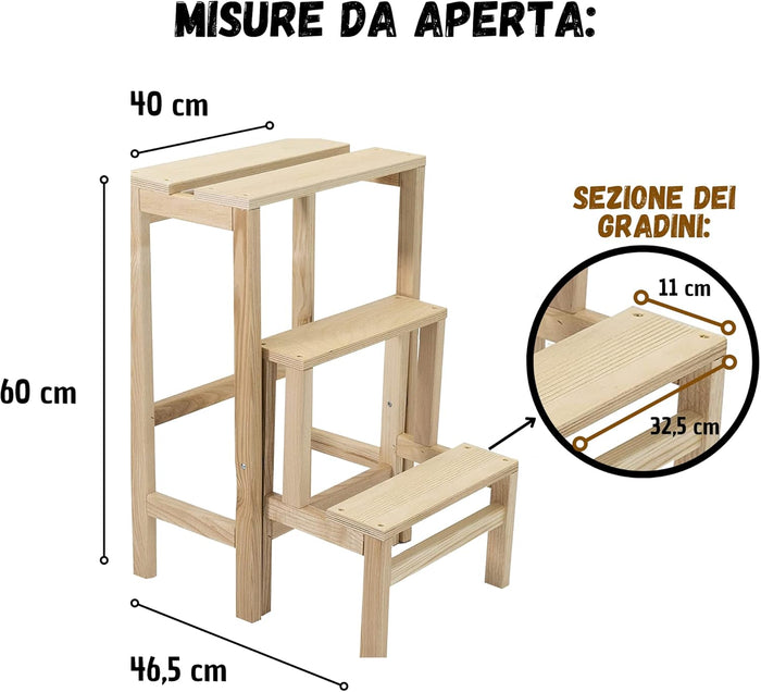 Scaletta 3 Gradini Legno Sgabello pieghevole legno Di Faggio Salvaspazio naturale Tomaino