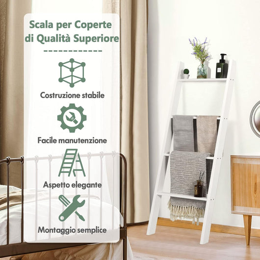 Scaffale di Stoccaggio in Legno di Pino, Porta Asciugamani a 4 Livelli per Bagno, Porta Salviette, Multiuso per Bagno Soggiorno, 51x8x137 cm (Bianco)