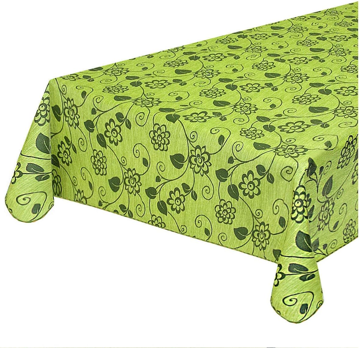 Tovaglia Antimacchia Cucina 135x180 cm Fiori Bordata Cotone Plastificato Copritavolo Verde