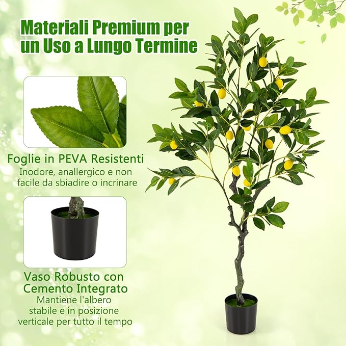 Albero di Limone Artificiale, Pianta di Limone Finto Alto 80/120/160 CM con Frutti di Limone, Vaso di Cemento, Pianta in Vaso con Fogliame, Manutenzione Gratuita (120 cm)