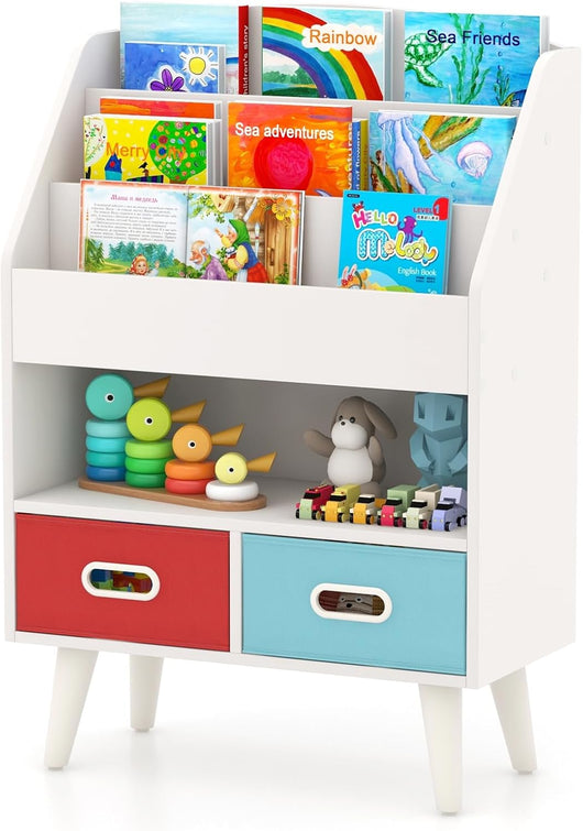 Libreria per Bambini, Scaffale in Legno per Bambini con 3 Ripiani, Scomparto Aperto e 2 Cassetti in Tessuto Pieghevoli, Organizzatore per Giocattoli, 63x30x97 cm (Bianco)