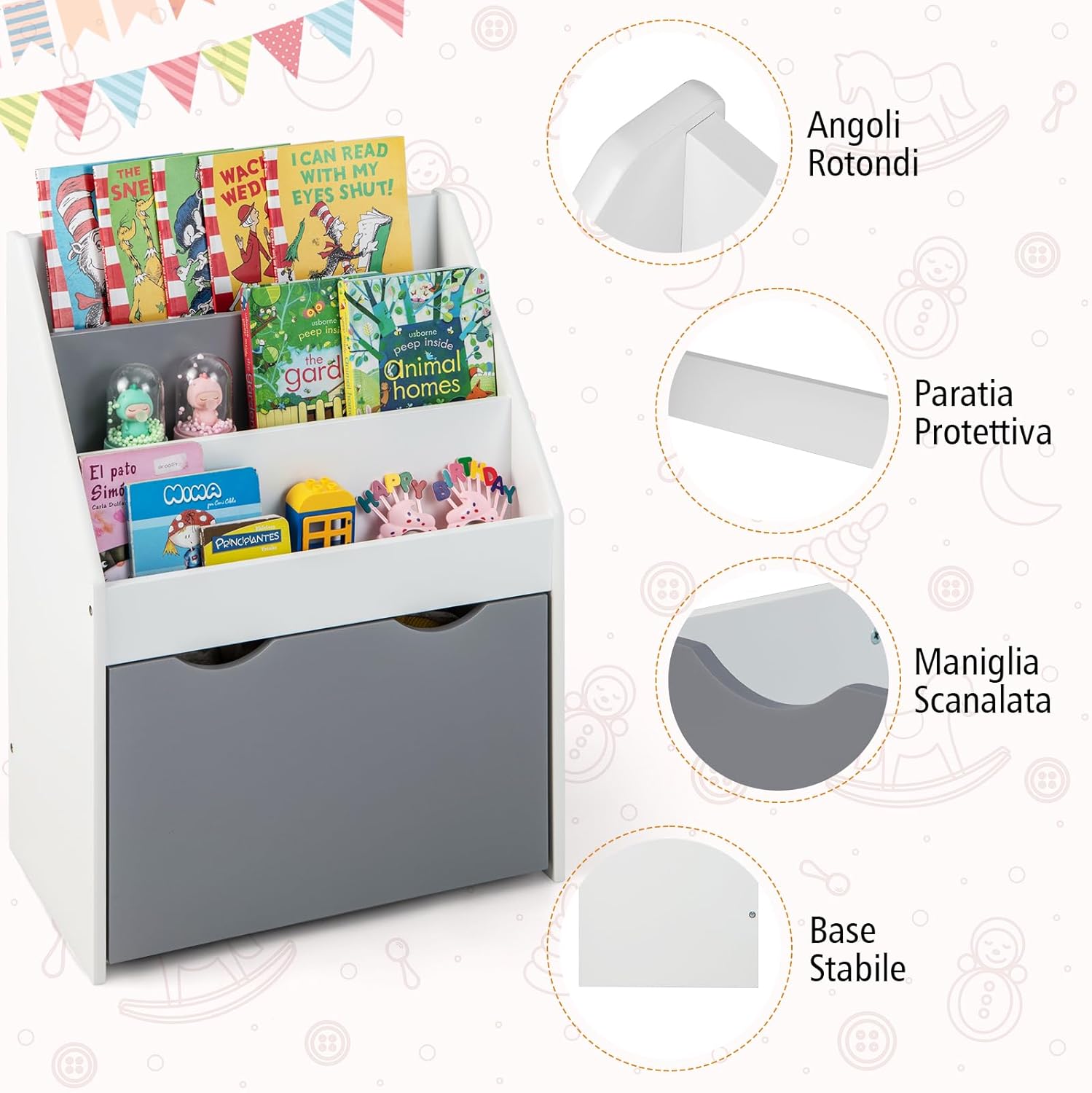 Scaffale per Bambini con 3 Ripiani e Scatola di Giocattoli, Libreria per Bambini e Bambine per Stanza dei Giochi, Soggiorno e Asilo, Grigio e Bianco