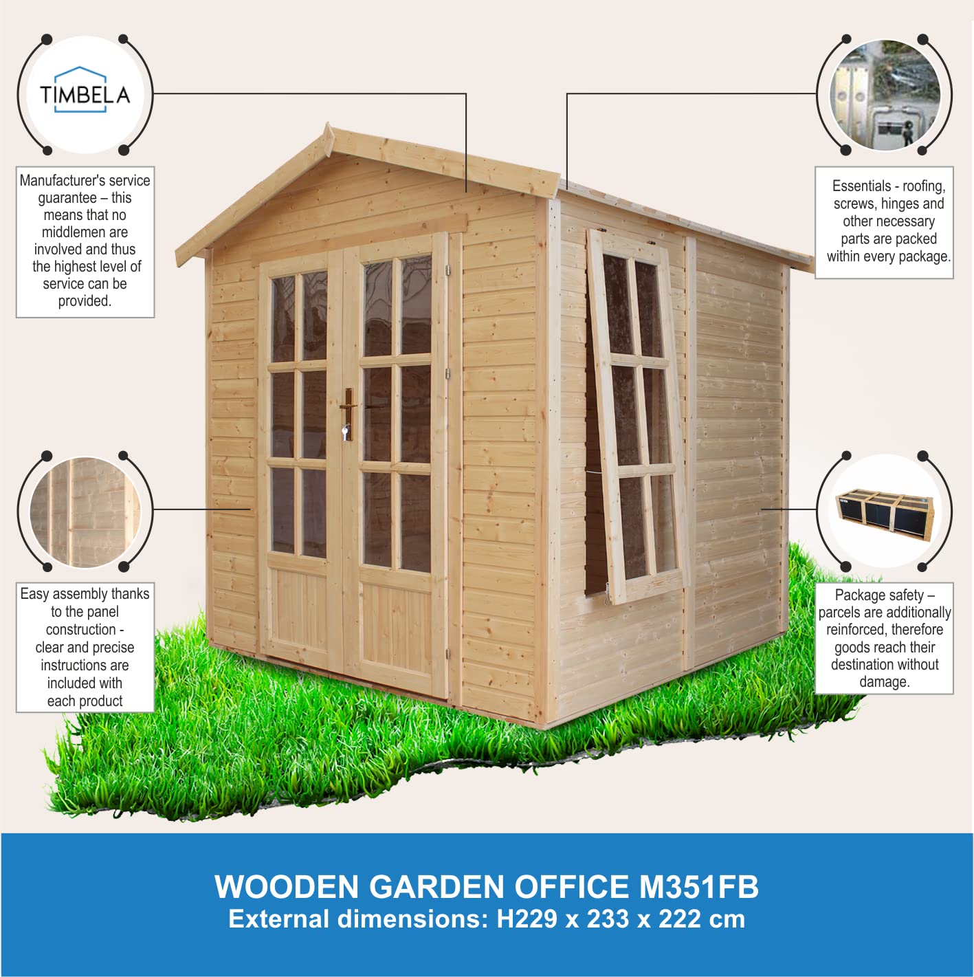 Ufficio in legno da giardino - W233xD222xH233cm - con tegole bituminose - TIMBELA M351FB+H351FBGREEN