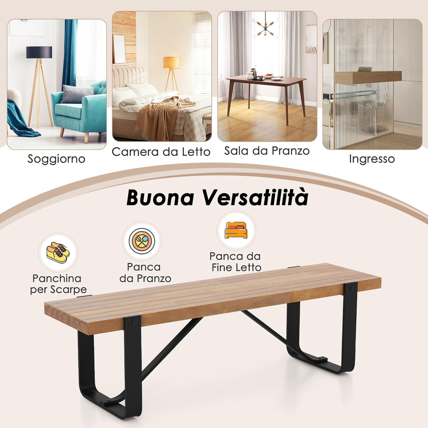 Panchina da Pranzo, Panchina per Ingresso da 152,5 cm, con Struttura in Metallo, Piedini Regolabili, Panchina per Corridoio, Portata 300 kg, 152,5 x 43 x 44 cm