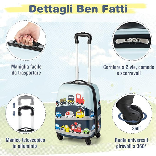 Set di Valigia per Bambini, 16" Valigia+ 12" Zaino, 2 Pezzi, con Ruote Girevoli a 360° e Maniglia Retrattile, Ideale per Viaggiare in Modo Comodo e Divertente (Modello 22)