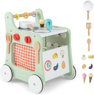 Girello per Bambini 6 in 1, Carrellino Primi Passi per Bmbini in Legno, con Cucina Giocattolo, Gioco Educativo con Ruote per Bambini 12 Mesi + (Verde)