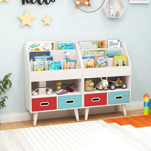 Libreria per Bambini, Scaffale in Legno per Bambini con 3 Ripiani, Scomparto Aperto e 2 Cassetti in Tessuto Pieghevoli, Organizzatore per Giocattoli, 63x30x97 cm (Bianco)