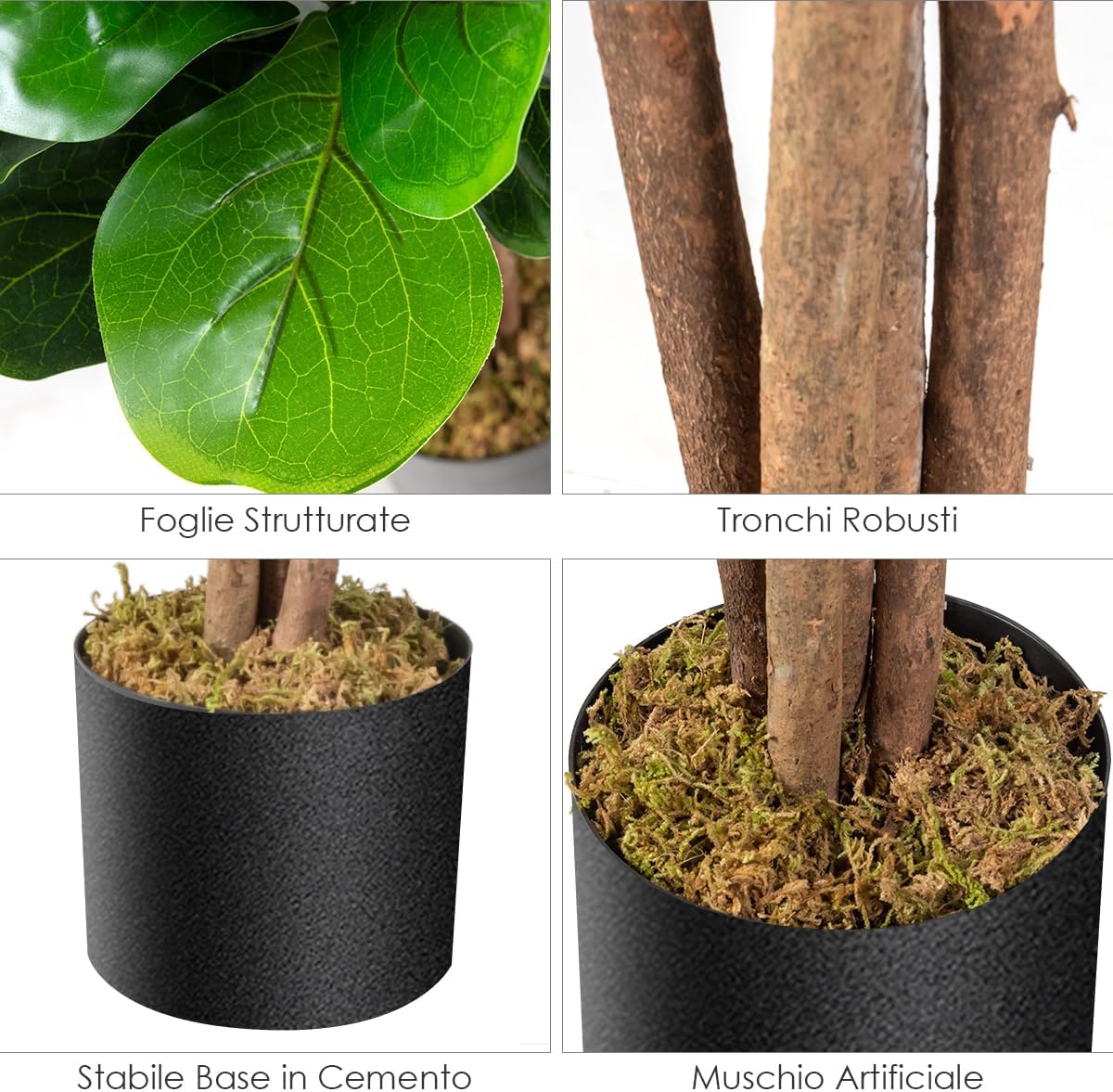 Ficus Lyrata Artificiale da 1,2 Metri, Pianta Finta con Foglie Realistiche in PEVA, Pianta Artificiale da Interno ed Esterno con Vaso in PP, Ideale per Casa e Ufficio