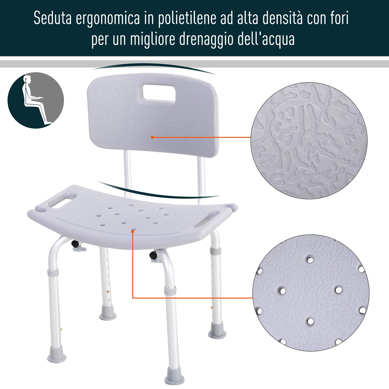 EasyComfort Sedia Doccia in Alluminio e Plastica Altezza Regolabile 8 Livelli