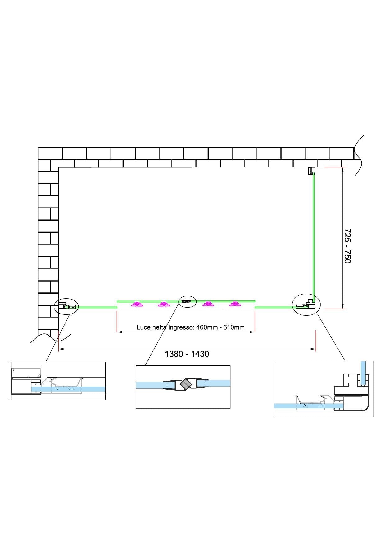 Box doccia 6 mm H 190 parete fissa e porta a 4 ante con apertura centrale MISURA 72,5-75 ANTA FISSA + PORTA 138-143 