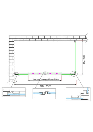 Box doccia 6 mm H 190 parete fissa e porta a 4 ante con apertura centrale MISURA 72,5-75 ANTA FISSA + PORTA 138-143 