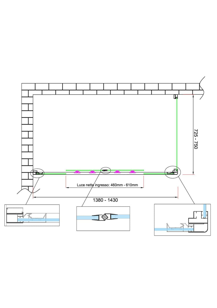 Box doccia 6 mm H 190 parete fissa e porta a 4 ante con apertura centrale MISURA 72,5-75 ANTA FISSA + PORTA 138-143 