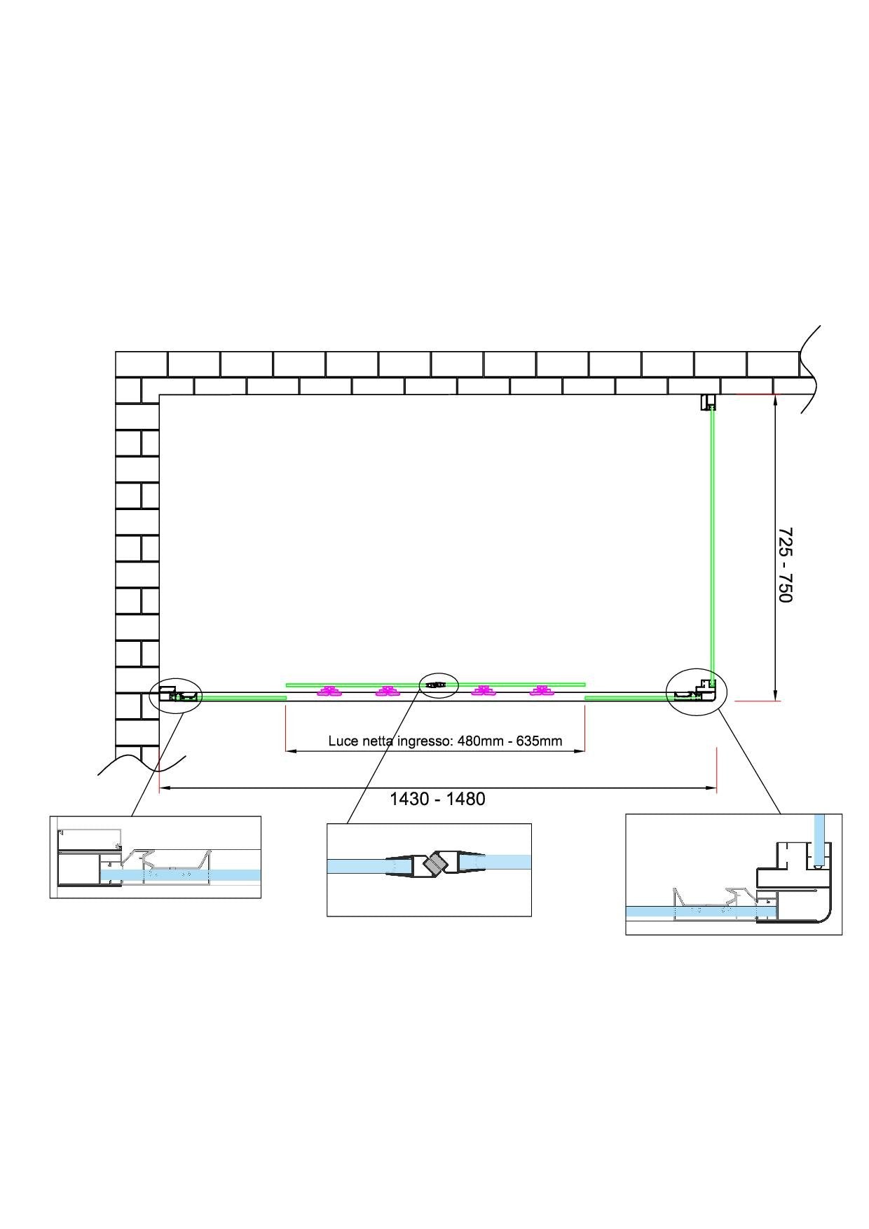 Box doccia 6 mm H 190 parete fissa e porta a 4 ante con apertura centrale MISURA 72,5-75 ANTA FISSA + PORTA 143-148 