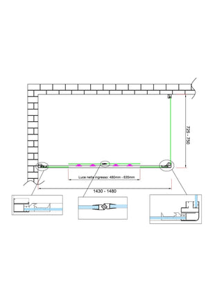 Box doccia 6 mm H 190 parete fissa e porta a 4 ante con apertura centrale MISURA 72,5-75 ANTA FISSA + PORTA 143-148 