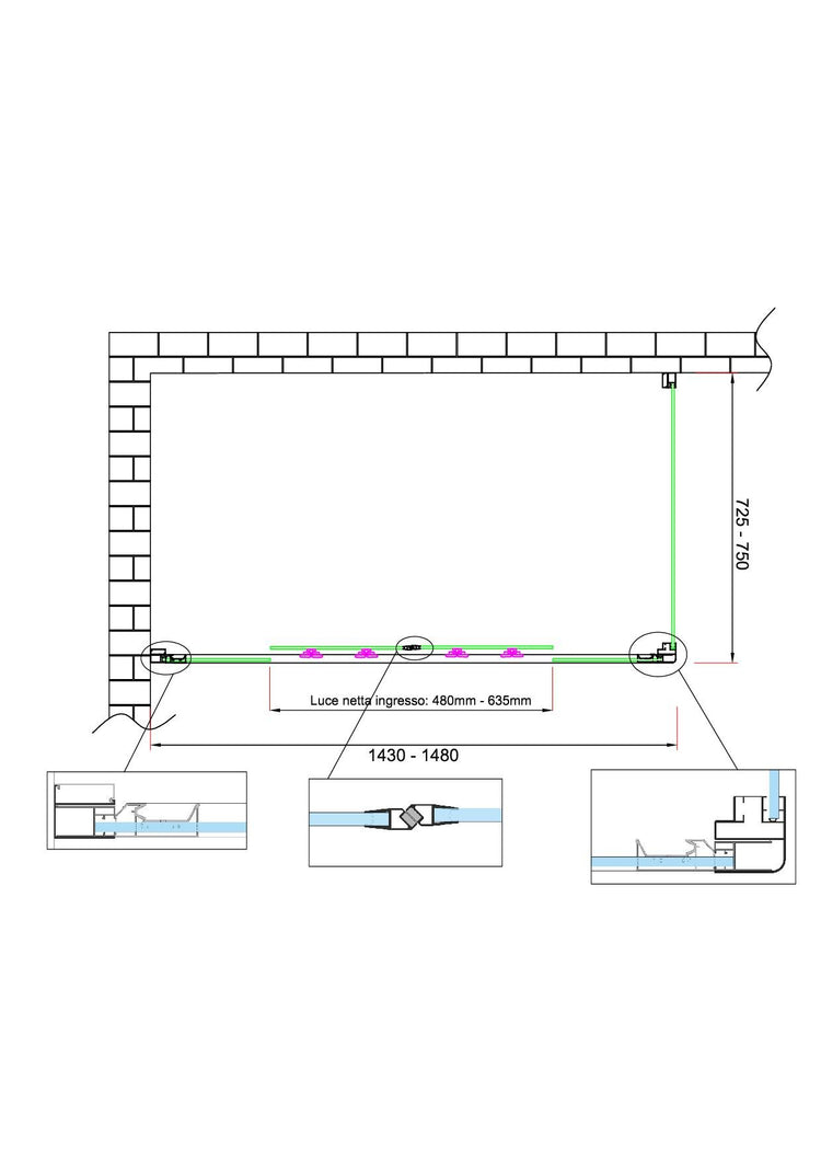 Box doccia 6 mm H 190 parete fissa e porta a 4 ante con apertura centrale MISURA 72,5-75 ANTA FISSA + PORTA 143-148 