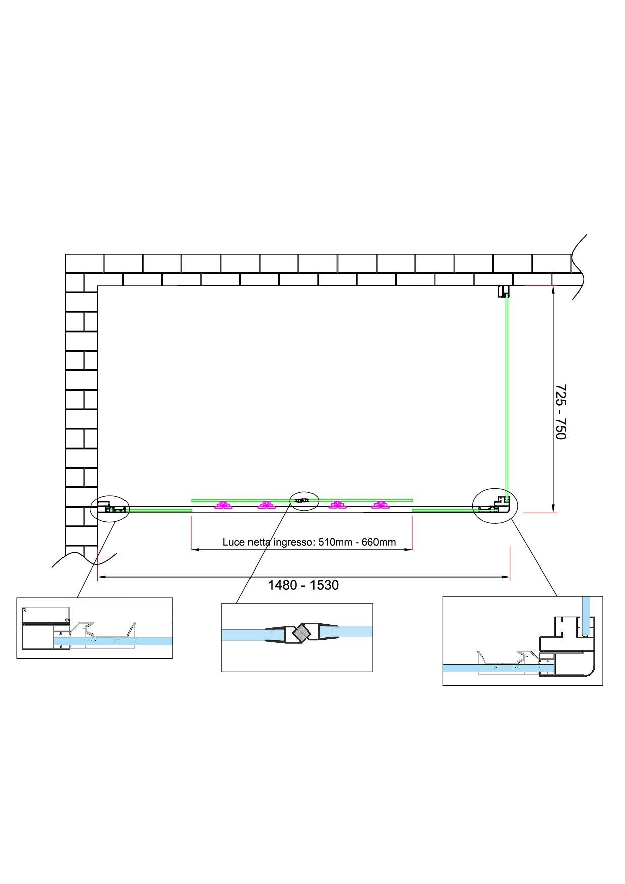 Box doccia 6 mm H 190 parete fissa e porta a 4 ante con apertura centrale MISURA 72,5-75 ANTA FISSA + PORTA 148-153 