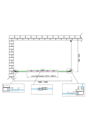 Box doccia 6 mm H 190 parete fissa e porta a 4 ante con apertura centrale MISURA 72,5-75 ANTA FISSA + PORTA 148-153 