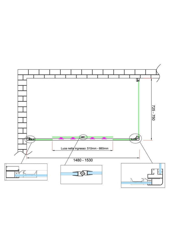 Box doccia 6 mm H 190 parete fissa e porta a 4 ante con apertura centrale MISURA 72,5-75 ANTA FISSA + PORTA 148-153 